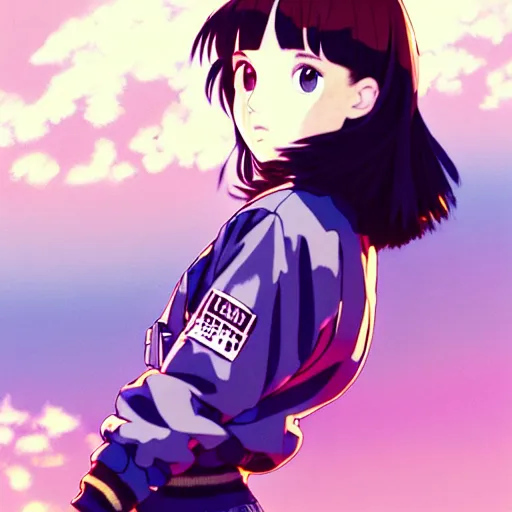 Image similar to a beautiful! boyish! natalie portman alluring gravure! model, wearing oversized mayan bomber jacket and leotard with overalls, bulky poofy bomber jacket with mayan patterns, gapmoe yandere grimdark, trending on pixiv fanbox, painted by greg rutkowski makoto shinkai takashi takeuchi studio ghibli, akihiko yoshida