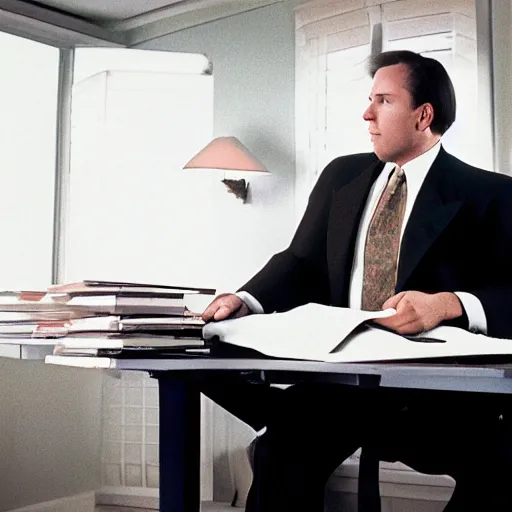 Prompt: cinematic film still from 1 9 9 4 film : portly clean - shaven white man wearing suit and necktie at his desk. he has his right foot propped up on his desk. xf iq 4, f / 1. 4, iso 2 0 0, 1 / 1 6 0 s, 8 k, raw, dramatic lighting, symmetrical balance, in - frame