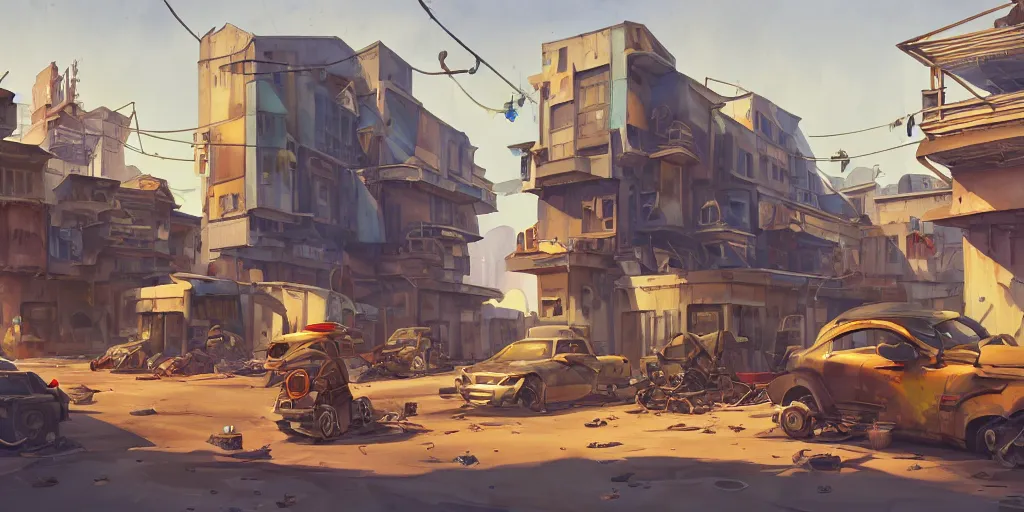 Image similar to overwatch building, stylized, exterior, architecture, in watercolor gouache detailed paintings, insanely detail, artstation, 8 k, futuristic, big medium small, arcane, simon stalenhag, food stall, interesting shapes & form, golden ratio, megastructures, desolate landscape, desert, slums, junkyard, oriental, asian, japanese alleyway