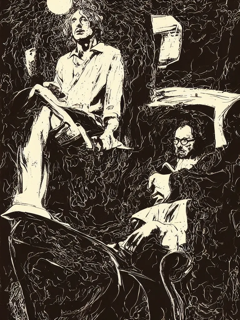 Prompt: portrait of king neil gaiman on his throne, mike dringenberg and dave mckean