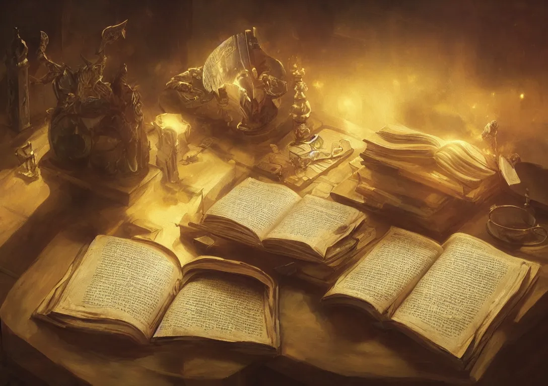 Prompt: a painting of a lone magical book laying open on a desk, fantasy concept art, golden hour, cinematic lighting, highly detailed