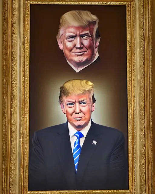 Image similar to a presidential portrait of donald trump in the style of ken currie hanging on a wall at mar - a - largo