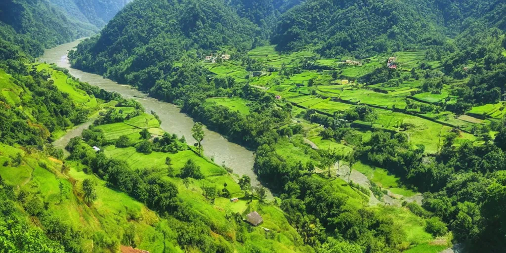 Prompt: a lush green valley with a great meandering river, blue waters, morning light, sun, beautiful, landscape view, village by the river