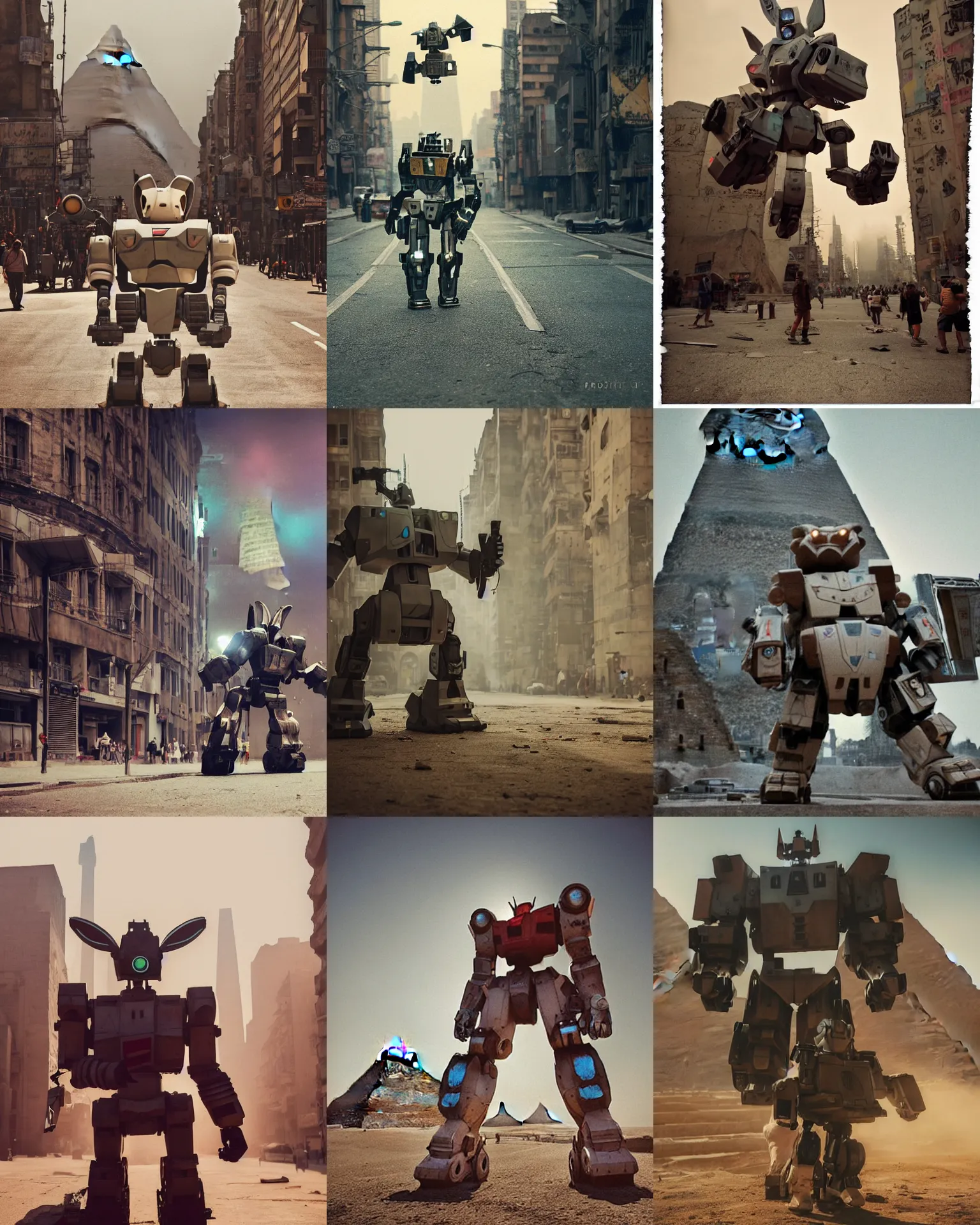 Prompt: action pose !!! giant oversized battle rabbit oversized ears robot chubby cute bulky mech in giza , Cinematic focus, Polaroid photo, vintage, neutral colors, soft lights, foggy, by gregory crewdson