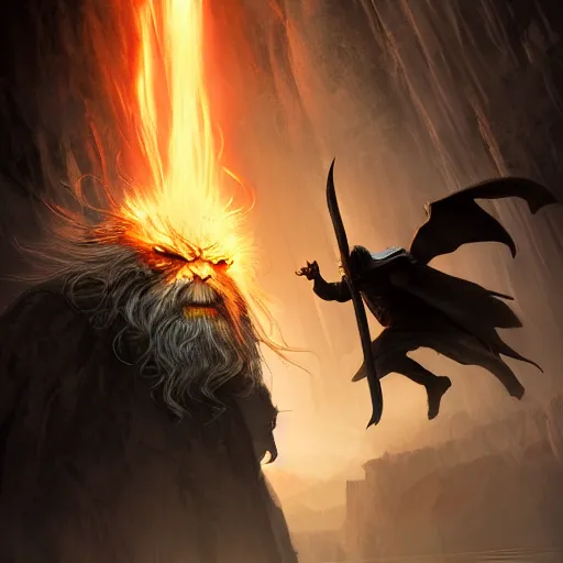 Image similar to Gandalf fighting a Balrog, beautiful landscape, dramatic lighting, cinematic, establishing shot, extremly high detail, photorealistic, cinematic lighting, post processed, concept art, artstation, matte painting, style by greg rutkowsky