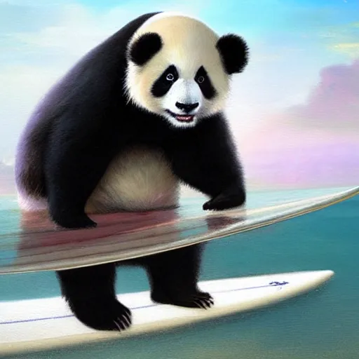 Image similar to a panda on a surf board, high detail, dramatic light, digital art, painted by seb mckinnon, painted by greg rutkowski, trending on artstation