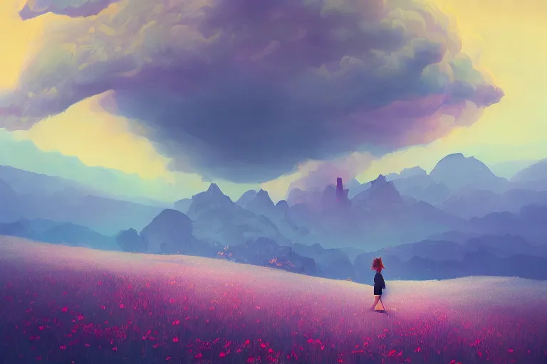 Image similar to giant dahlia flower as a head, girl walking on mountain, surreal photography, stars, dramatic light, impressionist painting, storm clouds, digital painting, artstation, simon stalenhag