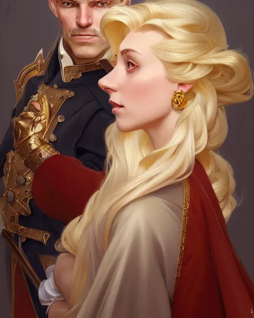 Image similar to Portrait of a  blonde lady and Michael as characters in Dogtanian,real life skin, intricate, elegant, highly detailed, artstation, concept art, smooth, sharp focus, art by artgerm and greg rutkowski and alphonse mucha