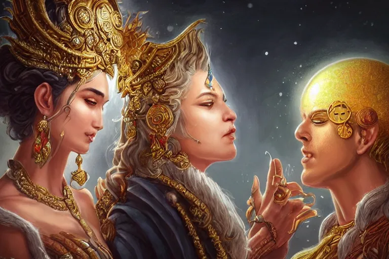 Prompt: close up moment of a divine a sun god and a moon goddess lovers magician at a wedding banquet, highly detailed, d & d, fantasy, highly detailed, digital painting, trending on artstation, concept art, sharp focus, illustration, art by artgerm and greg rutkowski and magali villeneuve