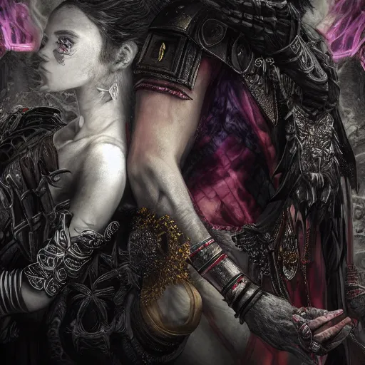 Image similar to the marriage between a death god and a war goddess in the style of high urban fantasy Hyper detailed Hyper Photorealistic High Resolution HD 8k post-processing