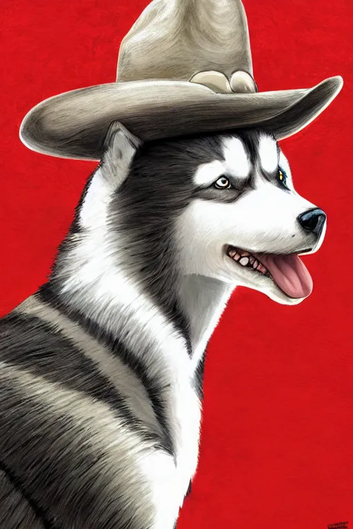 Image similar to a portrait painting of a husky in cowboy costume, wearing a cowboy hat, by [ studio ghibli ], in the style of anime, [ western film ], [ red dead ], trending on artstation