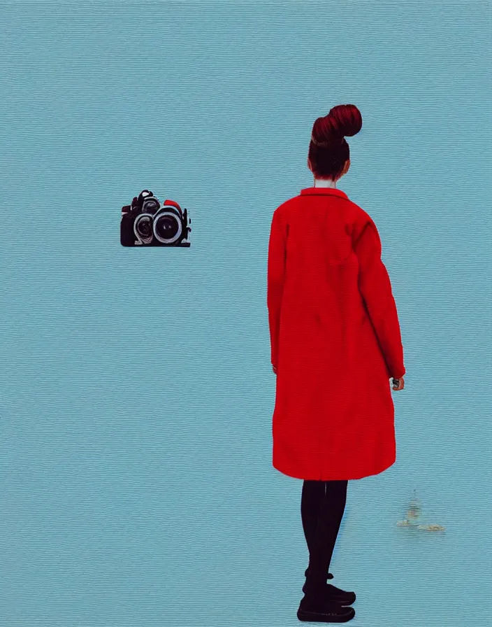 Image similar to wide shot rear view photographer woman hair in a bun long red stripe coat backpack sneakers grasping a nikon dslr camera while looking out over a placid blue lake, a character design painting, in the style of wes anderson, lola dupre, david hockney, isolated on negative white space background dark monochrome fluorescent spraypaint accents volumetric octane render, no double figure