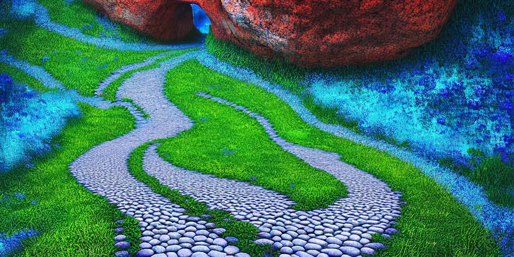 Image similar to curled perspective digital art of curly clouds cobblestone street with wildflowers reaching a stone cliff down to a deep blue sea by anton fadeev