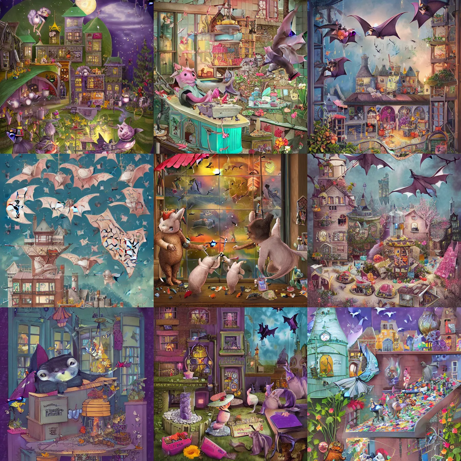 Prompt: bats picking up wishes for delivery at the wish factory, Wimmelbilder puzzle book, cut-away, find the hidden object, illustration trending on ArtStation, whimsical, hyperdetailed, intricate