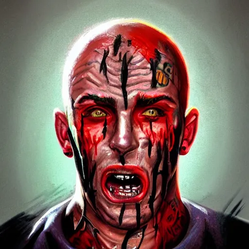 Image similar to Bright, colorful, realistic Serial killer rpg single individual headshot gore covered with scars and tattoos screaming, backlighting, kodachrome, high contrast, highly detailed, sharp focus, digital painting, concept art, illustration, trending on artstation, comic book by Alex Ross cover art