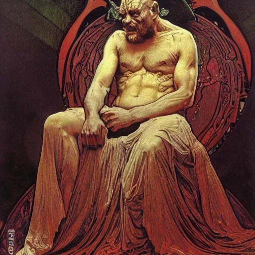 Image similar to greg davies sits on his throne as ruler of hell, oil on canvas, by alphonse mucha, gustave dore, zdzislaw beksinski