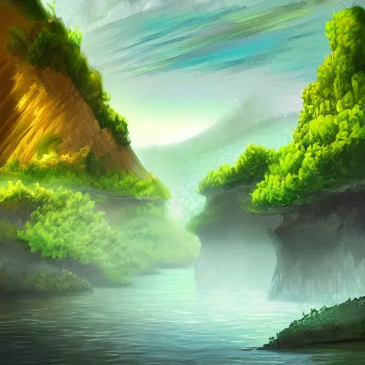Image similar to digital painting of a lush natural scene on an alien planet. beautiful landscape. weird vegetation. cliffs and water. trending on artstation.