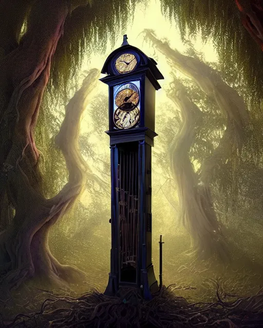 Image similar to highly detailed surreal vfx portrait of a cursed grandfather clock in a shadowy forest by a willow tree, stephen bliss, unreal engine, greg rutkowski, loish, rhads, beeple, makoto shinkai and lois van baarle, ilya kuvshinov, rossdraws, tom bagshaw, alphonse mucha, global illumination, detailed and intricate environment