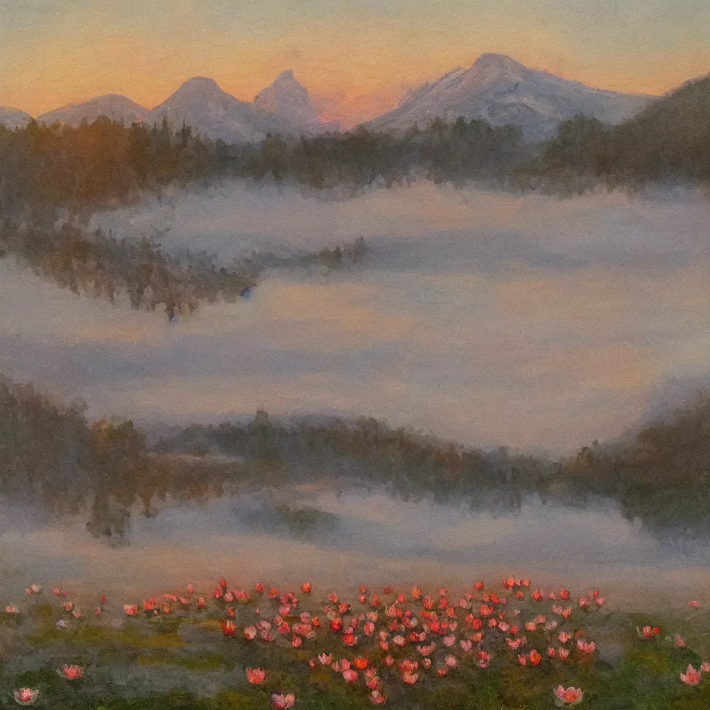 Prompt: impressionism painting of a pond of water lily on a foggy morning, red barn in distance, sun low on horizon through snow capped mountains, soft light