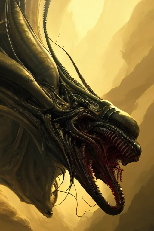 Prompt: agressive alien xenomorph, close - up portrait, intricate, elegant, volumetric lighting, scenery, digital painting, highly detailed, artstation, sharp focus, illustration, concept art, gaston bussiere, ruan jia, steve mccurry