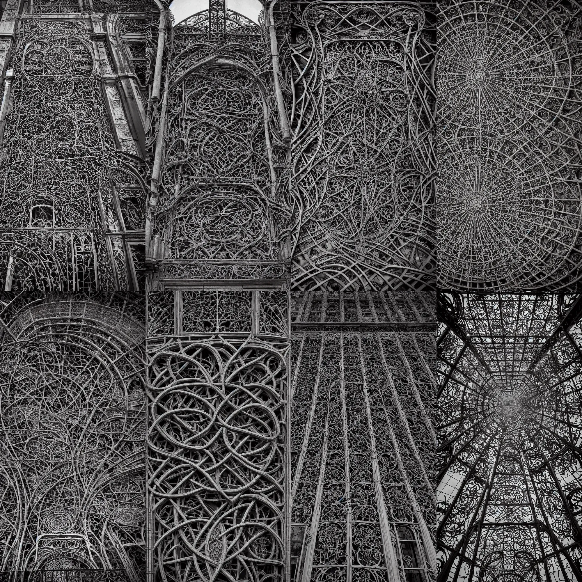 Prompt: a professional photograph of a modern building by Louis Sullivan and H.R. Giger covered in black ironwork vines, Sigma 75mm, ornate, very detailed, hyperrealistic, liminalspaces, Symmetrical composition, centered, intricate, panoramic, Dynamic Range, HDR, chromatic aberration, Orton effect, 8k render, photo by Marc Adamus