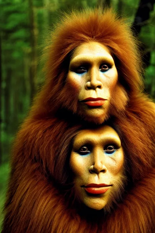 Image similar to a professional portrait photo of a neanderthal woman forest, face paint, ginger hair and fur, extremely high fidelity, natural lighting, national geographic magazine cover, still from the movie quest for fire