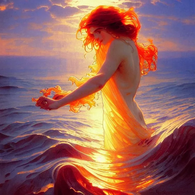 Image similar to ocean waves of glossy liquid honey drops flowing like translucent amber, lsd waves, lsd ripples, backlit, sunset, refracted lighting, art by collier, albert aublet, krenz cushart, artem demura, alphonse mucha