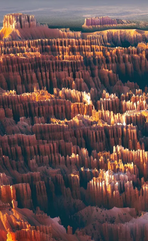 Prompt: a futuristic utopian metropolitan city of shiny buildings and spires sits at the edge of a beautiful cliff like bryce canyon with epic waterfalls cascading down below causing mist at the bottom, a large spacecraft flies nearby, sharp details, photorealistic, octane render, golden hour, cinematic lighting, immense scale