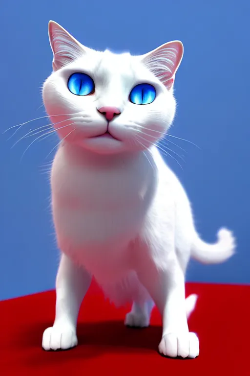 Image similar to a white cat with blue eyes wearing a red formal overcoat, hyperrealistic, concept art, octane render, unreal engine 5, realistic and defined face, profile picture, digital art, pixar and disney style, symmetrical, high quality, highly detailed, high coherence, path traced, house background, low contrast, beautiful, elegant clothes