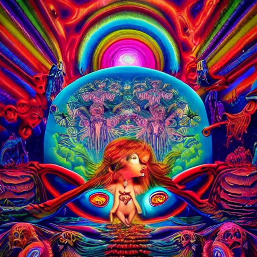 Prompt: Psychedelic DMT experience with inter-dimensional beings and insane trippy visuals in the style of an album cover by Mark Ryden and Alex Gross, Todd Schorr ,(highly detailed, 8k, UHD, fantasy, dream, otherworldly, bizzare, spirals, colourful, vivid)