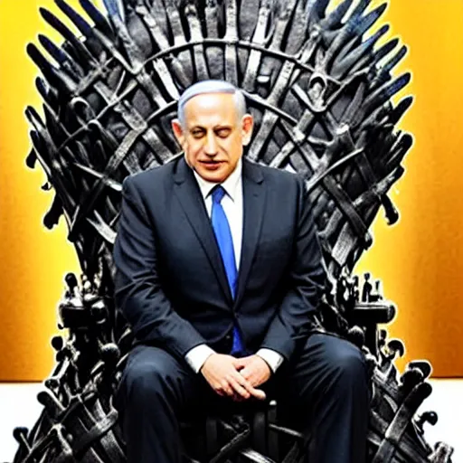 Image similar to “Benjamin Netanyahu sitting on the iron throne, 4k, award winning, realistic, scene from game of thrones”