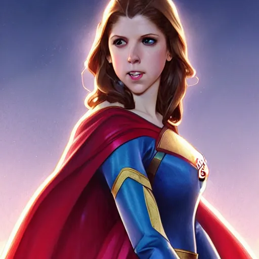 Image similar to Anna Kendrick as Super Girl, western, D&D, fantasy, intricate, elegant, highly detailed, digital painting, artstation, concept art, matte, sharp focus, illustration, art by Artgerm and Greg Rutkowski and Alphonse Mucha