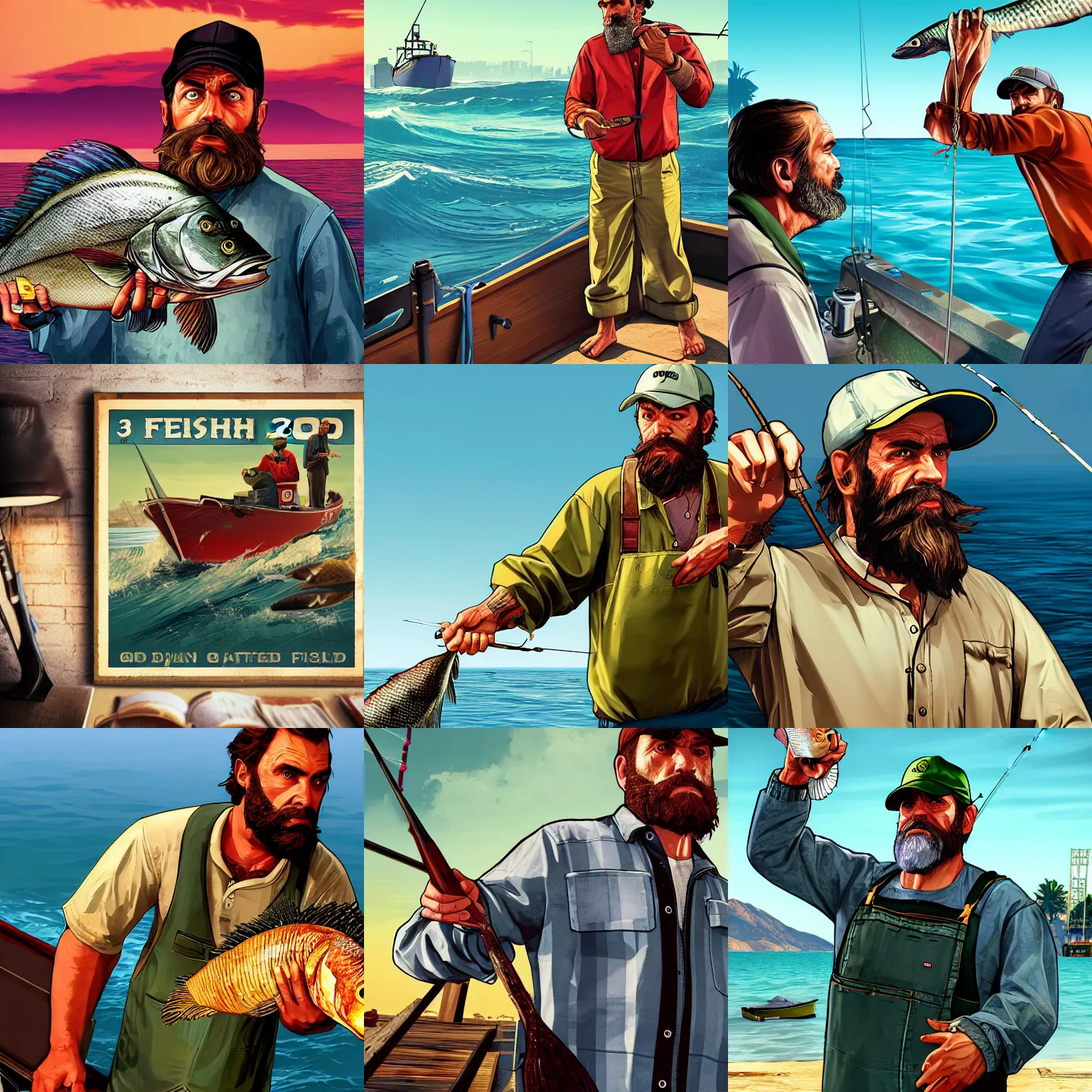 30-year old bearded fisherman caught fish, GTA V