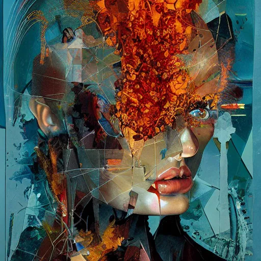 Image similar to she is burning her digital past with glitched flames made of bits, oil on canvas by dave mckean, james jean and esao andrews