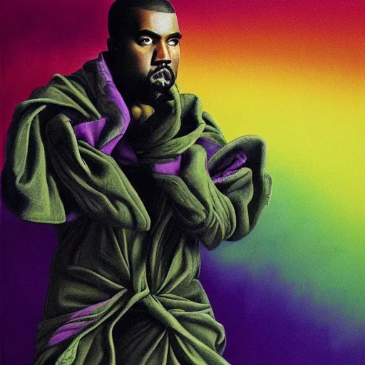 Prompt: kanye west is sad by wayne barlowe green purple yellow color palette very detailed clear focus symmetrical