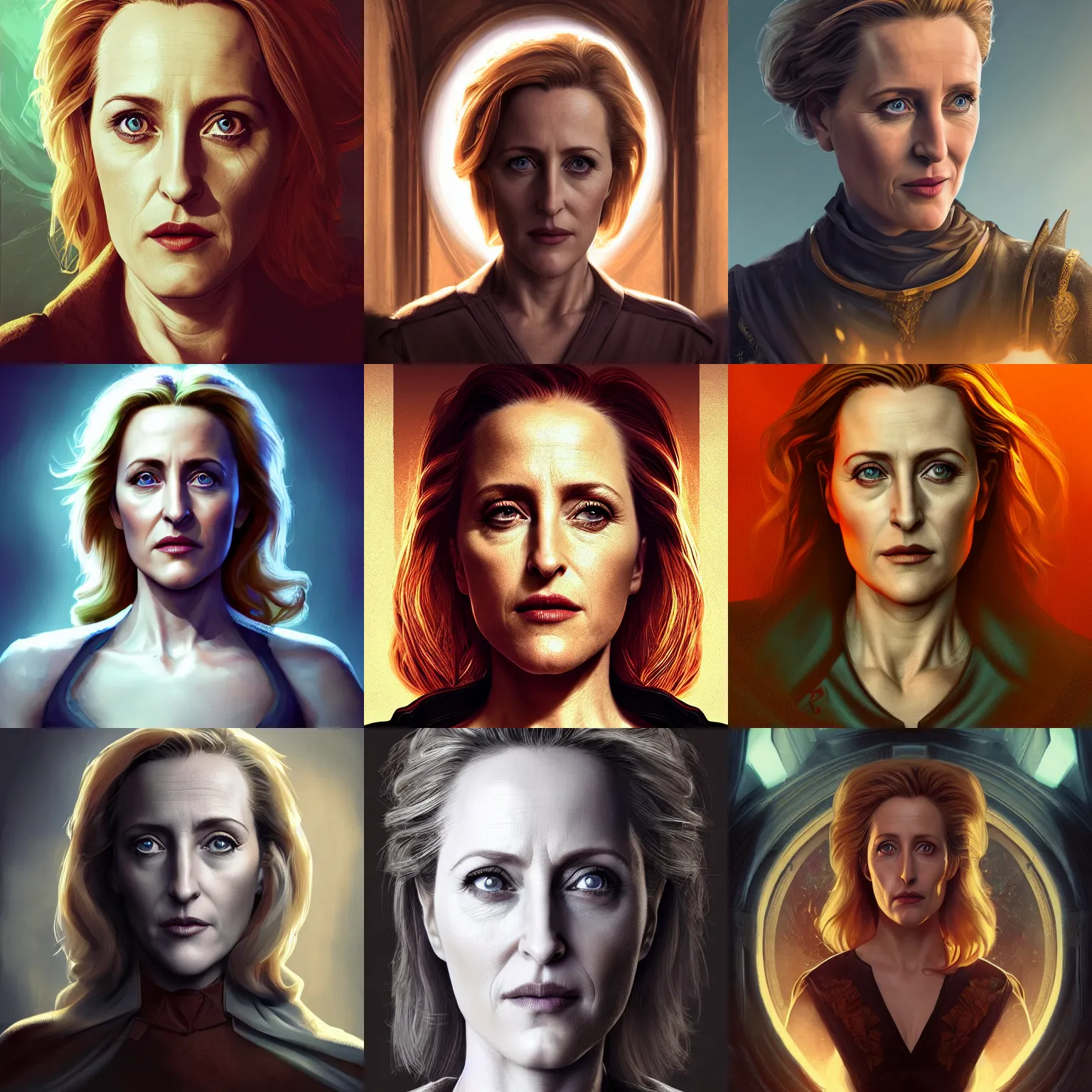 Prompt: front centred symmetrical portrait, Gillian Anderson as a D&D mage , dramatic lighting, cinematic, establishing shot, high detail, photo realistic, cinematic lighting, post processed, 8k, concept art, artstation, matte painting, in the style of eddie mendoza, raphael lacoste, alex ross