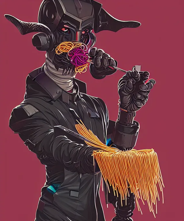 Prompt: a portrait of an anthropomorphic cyberpunk goat eating spaghetti, cyberpunk!, fantasy, elegant, digital painting, artstation, concept art, matte, sharp focus, illustration, art by josan gonzalez