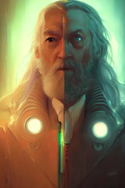 Prompt: portrait of cyborg Dumbledore in cyberpunk, neon lighting, night city, digital art from artstation by Ruan Jia and Mandy Jurgens and Artgerm and william-adolphe bouguereau and Greg Rutkowski