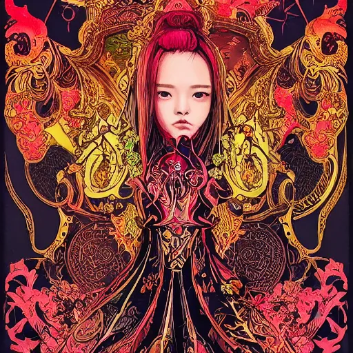 Image similar to jisoo + blackpink + elements + red + gold + neon + baroque + rococo + white + orange + ink + tarot card, ornate + by marc simonetti, paul pope, peter mohrbacher, detailed, intricate ink illustration + damask + award winning + 8 k