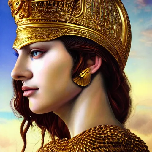 Image similar to hyperrealistic mixed media painting of beautiful goddess Athena, stunning 3d render inspired art by P. Craig Russell and Barry Windsor-Smith, perfect facial symmetry, dim volumetric lighting, 8k octane beautifully detailed render, post-processing, portrait, extremely hyper-detailed, intricate, epic composition, brown eyes, realistic realistic realistic eyes, cinematic lighting, masterpiece, trending on artstation, detailed detailed detailed, masterpiece, stunning