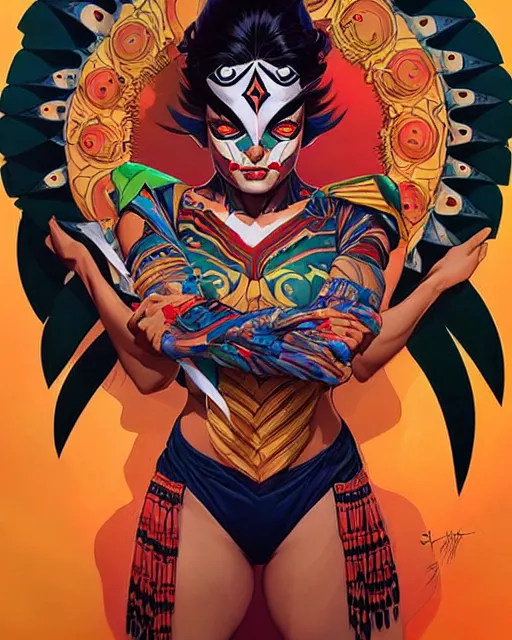 Prompt: artgerm, joshua middleton and sandra chevrier comic cover art, pretty full body danza azteca dancer, symmetrical eyes, scales, beautiful, rim lighting, vivid colors