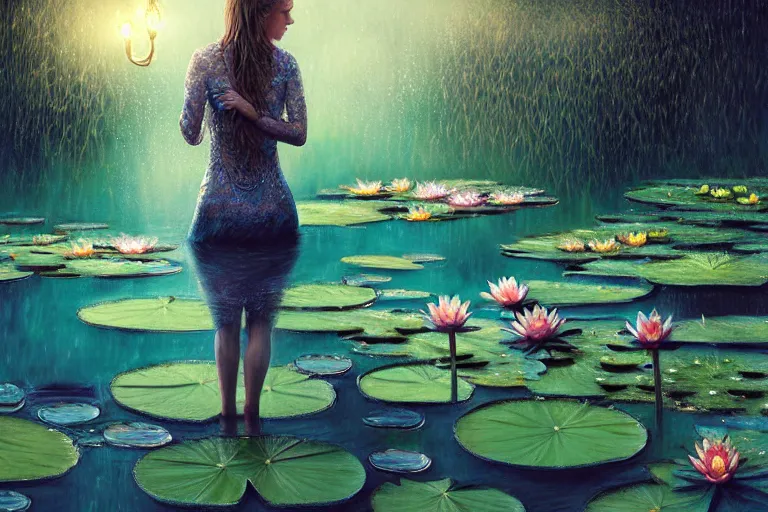 Image similar to light teal portrait in the rain on pond with waterlilies, fantasy, intricate, elegant, dramatic lighting, emotionally evoking symbolic metaphor, highly detailed, lifelike, photorealistic, digital painting, artstation, concept art, smooth, sharp focus, illustration, art by John Collier and Albert Aublet and Krenz Cushart and Artem Demura and Alphonse Mucha