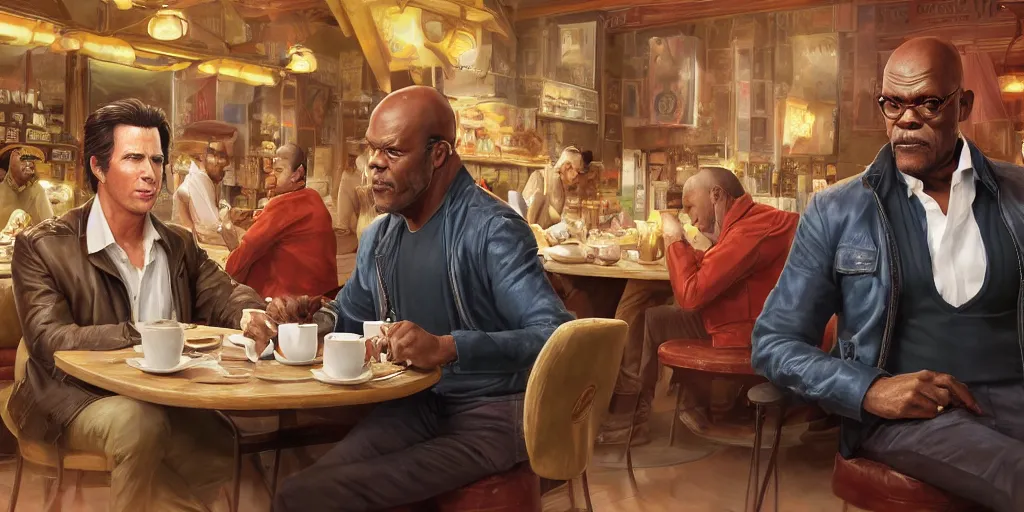 Image similar to painting highly detailed full - body samuel l jackson and john travolta posing in cafe, perfect symmetrical eyes, by eddie mendoza and tyler edlin, 8 k resolution, digital art, hyper realistic