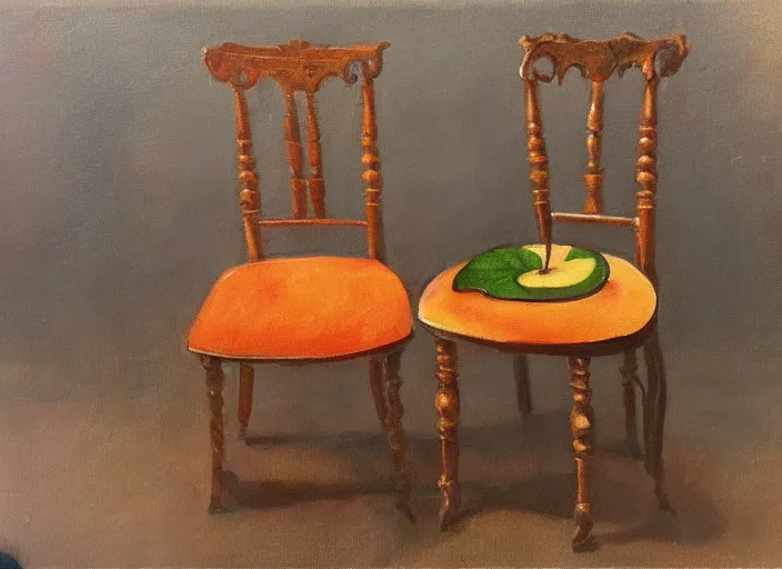 Prompt: a not finished painting by yvan goll showing two chairs having a conversation about apples or oranges. elegant, highly detailed, artstation, smooth, sharp focus