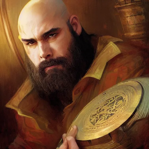 Image similar to well - groomed burly bard, thick goatee, bald, thoughtful expression, holding a gong, fantasy character portrait by greg rutkowski, gaston bussiere, craig mullins