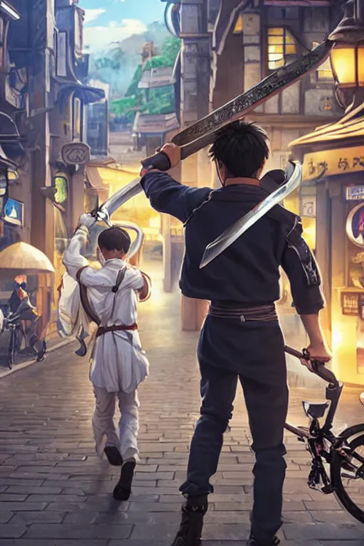 Image similar to ultra detailed keyart of sci - fy movie, a boy carrying a sword in his back is riding a simple bycycle in the main street of isekai shinjuku