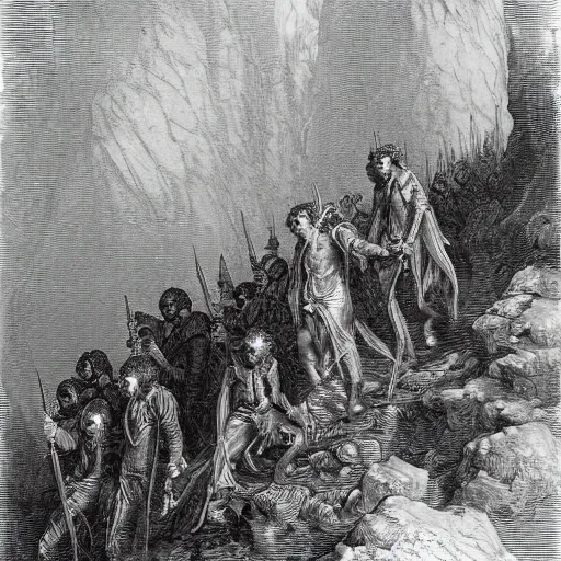 Prompt: adventurers, by gustave dore, detailed, high quality