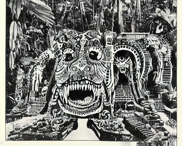 Image similar to surreal b & w nightmarish garden las pozas, mayan jaguar warrior, ink by frank miller and jose guadalupe posada, cut out collage, science fiction fanzine 1 9 6 7