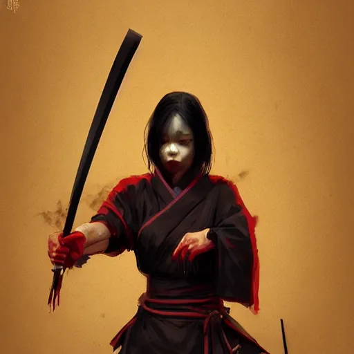 Prompt: samurai woman in black, bloodthirsty, katana, agony, digital illustration, artstation, painted by wlop