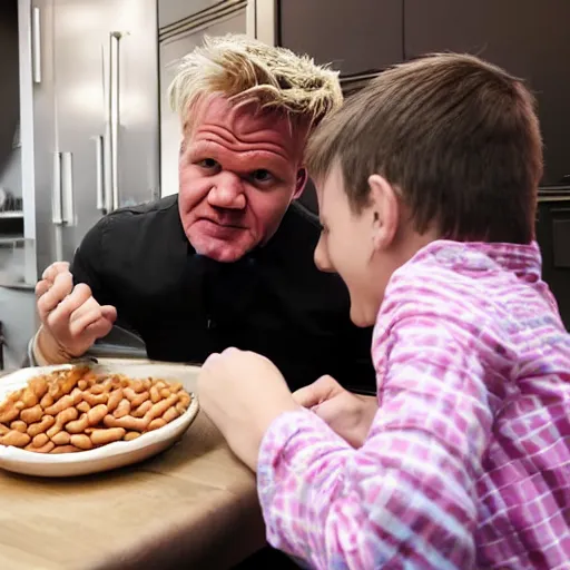 Prompt: Gordon Ramsay eating beans while children point and laugh at him, bullying, cruel kids, television still